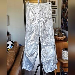 Zara Silver Metallic Shiny Cargo Pants